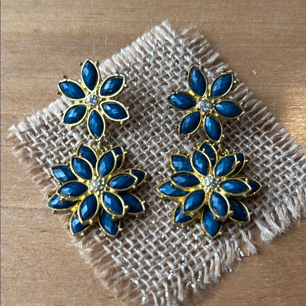 Blue and Gold Floral Drop Earrings with Crystal Accents